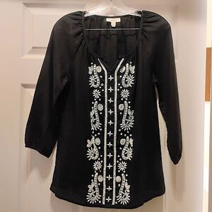 Charter Club Luxury Linen Black Blouse White Beaded Top 3/4 Sleeves Size S